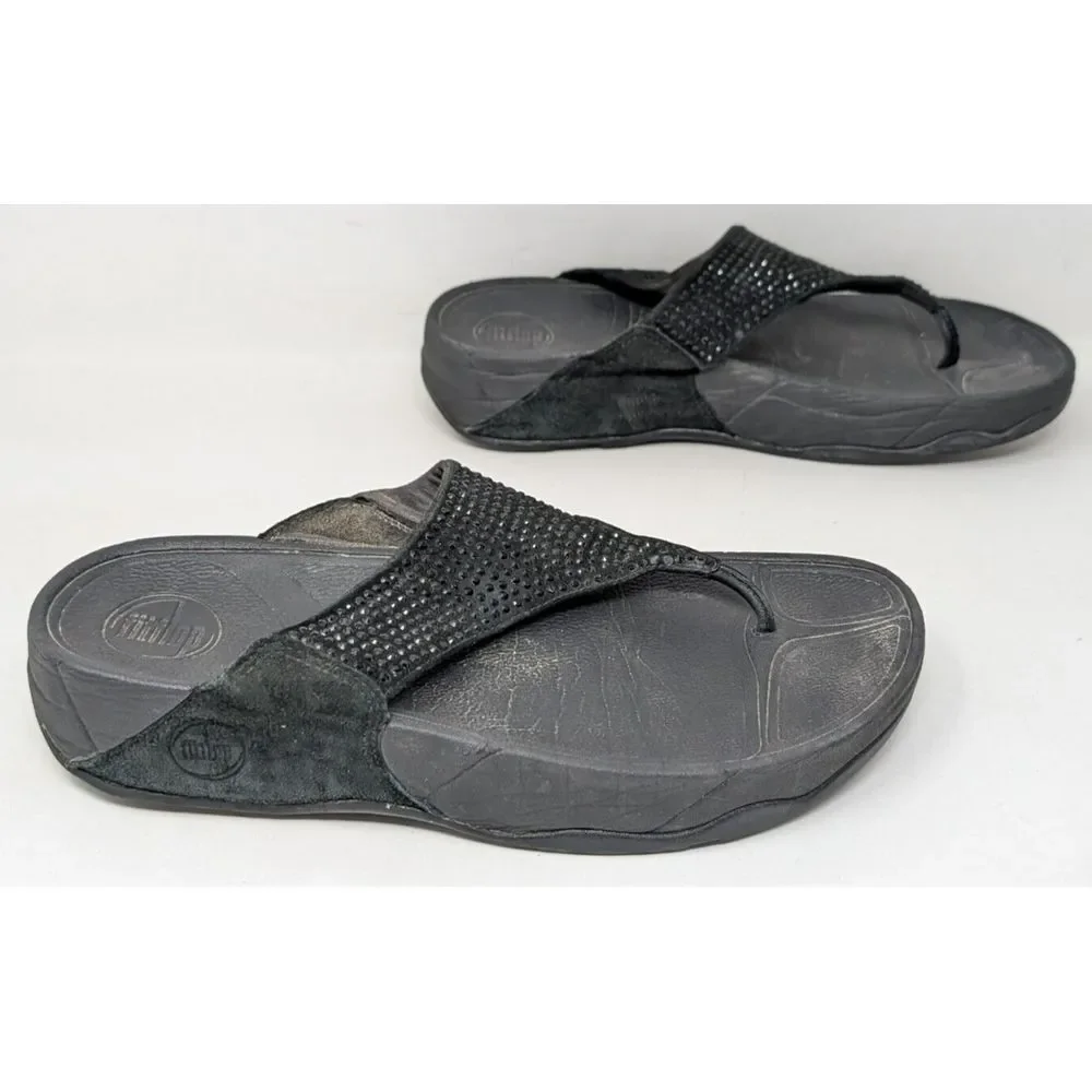 FitFlop Womens Size 7 Lulu Crystal Embellished Sandal Wedge‎ Black Thong 301-122